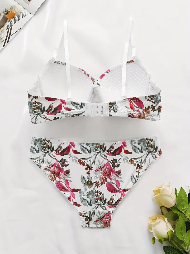 2 Sets of Elegant  Floral Print Push Up Cami Bra & Panties