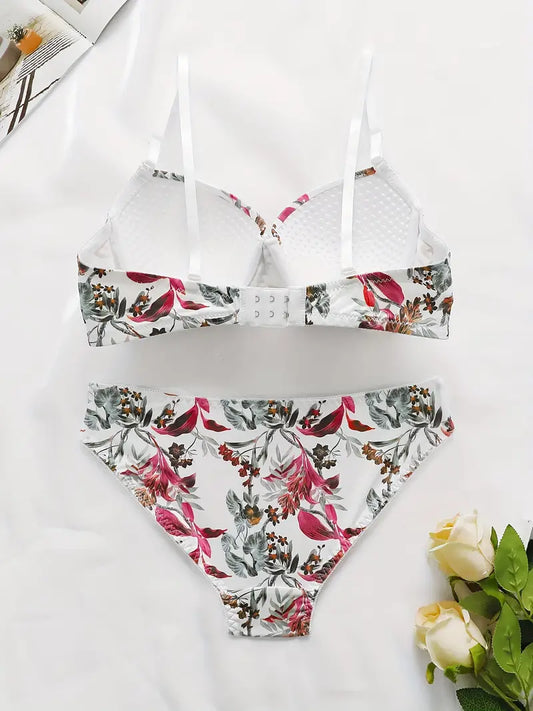 2 Sets of Elegant  Floral Print Push Up Cami Bra & Panties