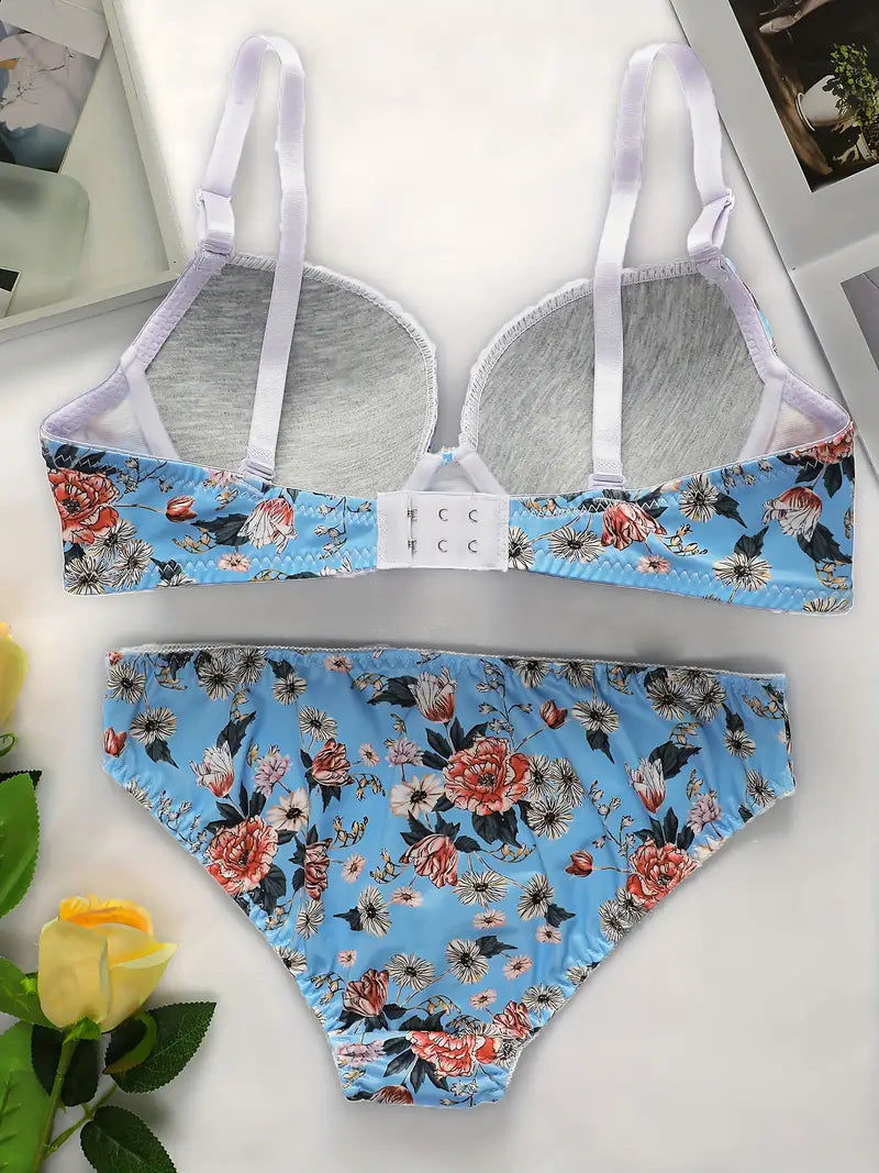 2 Sets of Floral Print Underwire Push Up Bra & Panties