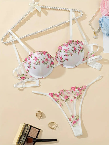 2 Sets of Floral Embroidered Semi Sheer Plunge Underwire Bra with Non-Removable Padded Cups and Thong