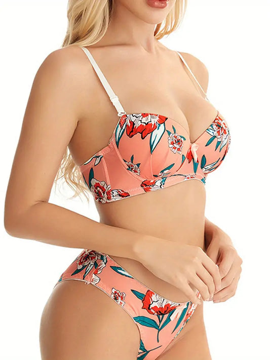 Set of Bow Decor Floral Print Bra & Panty