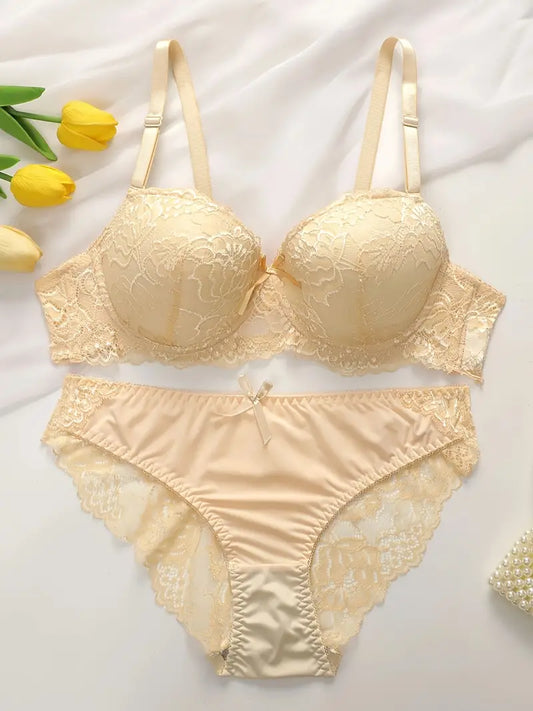 2 Sets of Solid Floral Embroidery Bow Decor Underwire Cami Bra & Panties