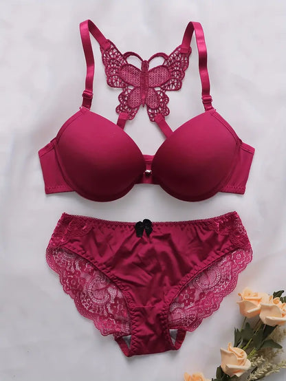 2 Sets of Butterfly Embroidery Front Closure Push Up Bra & Panties