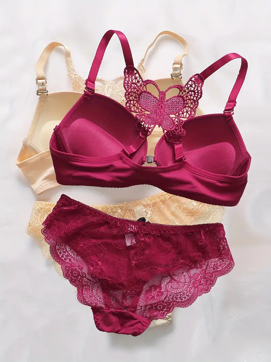 2 Sets of Underwire Push-Up Bra & Bow-Knot Panties for Women