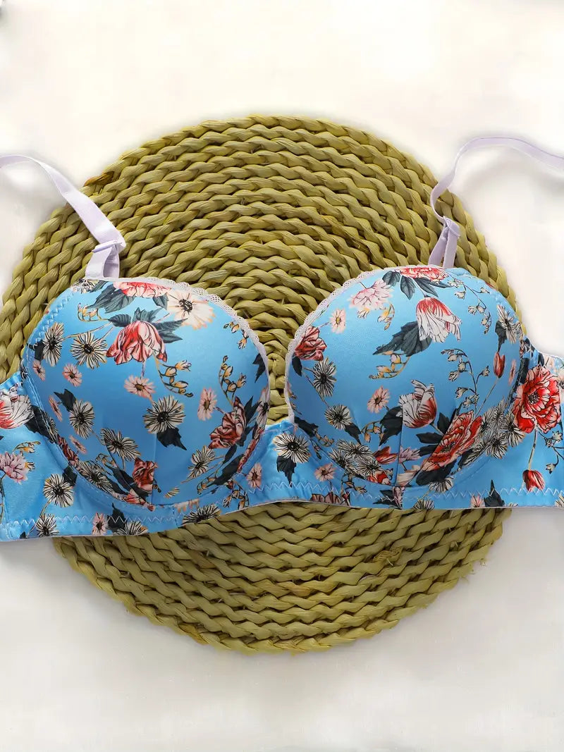 2 Sets of Floral Print Underwire Push Up Bra & Panties