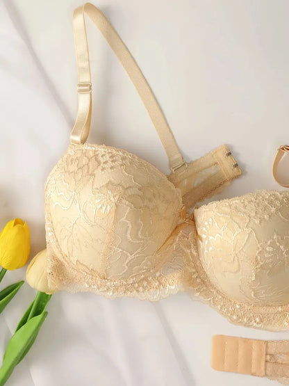 2 Sets of Solid Floral Embroidery Bow Decor Underwire Cami Bra & Panties