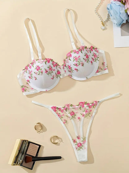 2 Sets of Floral Embroidered Semi Sheer Plunge Underwire Bra with Non-Removable Padded Cups and Thong