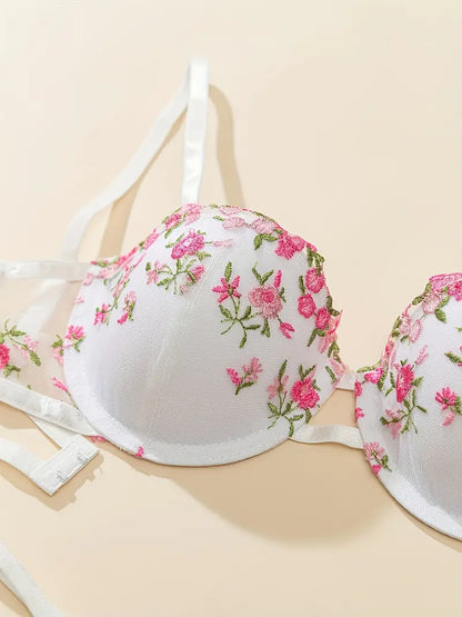 2 Sets of Floral Embroidered Semi Sheer Plunge Underwire Bra with Non-Removable Padded Cups and Thong