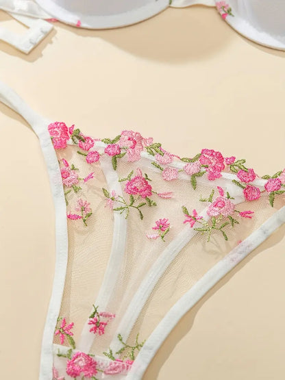 2 Sets of Floral Embroidered Semi Sheer Plunge Underwire Bra with Non-Removable Padded Cups and Thong